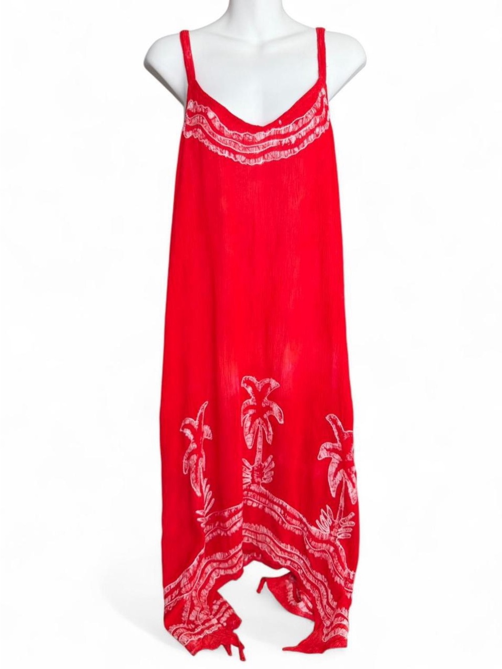 Red Maxi Slip Dress with White Palm Embroidery